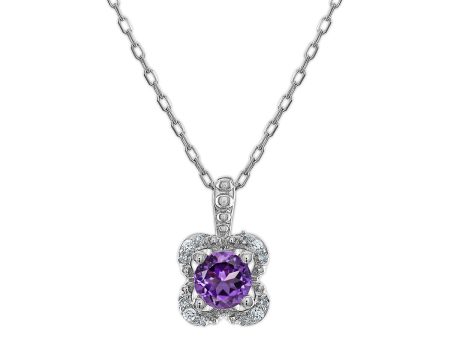 5MM Round Amethyst and White Sapphire Birthstone Flower Halo Pendant in Sterling Silver Fashion