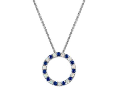 2MM Round Blue Sapphire and Opal 18-inch Circle Pendant in Rhodium Plated Sterling Silver Supply