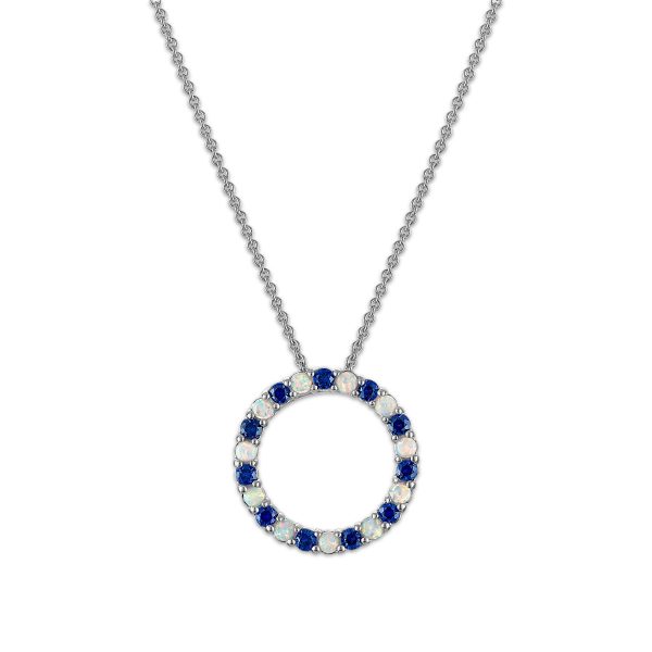 2MM Round Blue Sapphire and Opal 18-inch Circle Pendant in Rhodium Plated Sterling Silver Supply