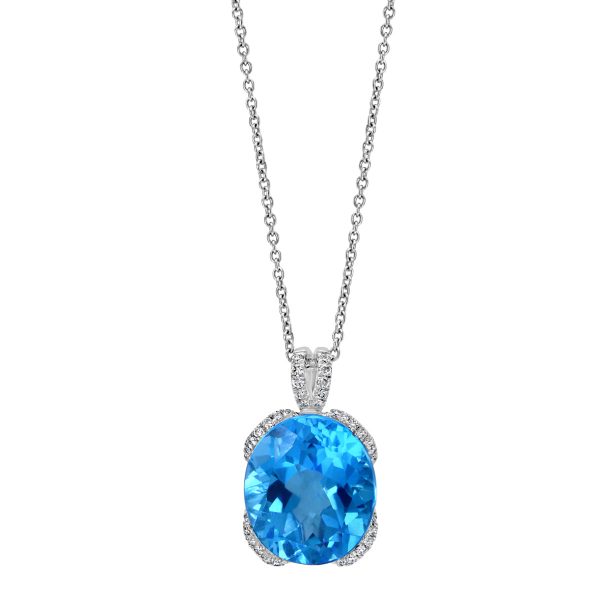 EFFY 14X12MM Oval Blue Topaz and Diamond 18-inch Fashion Pendant in 14KT White Gold Hot on Sale