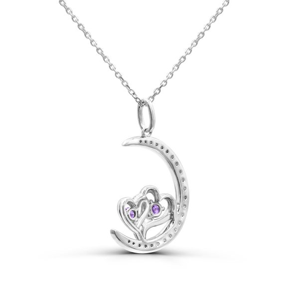 Amethyst and White Sapphire 18-inch Heart Moon Pendant in Sterling Silver Hot on Sale