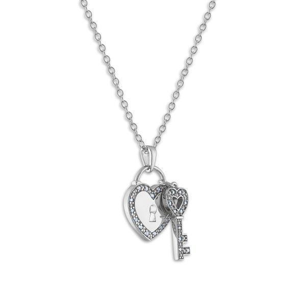 1 10 CTW Diamond 18-inch Heart Lock and Key Pendant in Sterling Silver For Sale