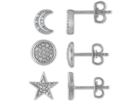 1 10 CTW Diamond Sun Moon Star 3-Pair Stud Earrings in Sterling Silver Online Hot Sale