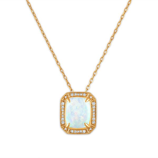 LoveSong 10X8MM Cushion Opal and Diamond Halo Pendant in 10KT Yellow Gold Fashion