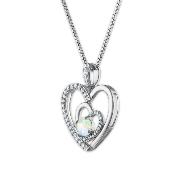 Opal and White Sapphire 18-inch Heart Pendant in Sterling Silver on Sale