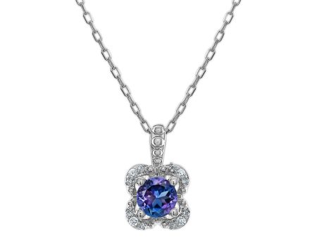 5MM Round Alexandrite and White Sapphire Birthstone Flower Halo Pendant in Sterling Silver Sale