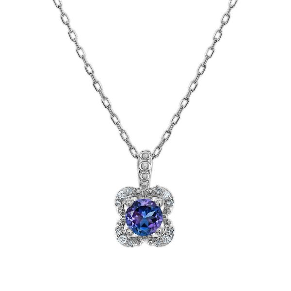 5MM Round Alexandrite and White Sapphire Birthstone Flower Halo Pendant in Sterling Silver Sale