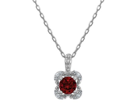 5MM Round Garnet and White Sapphire Birthstone Flower Halo Pendant in Sterling Silver Cheap