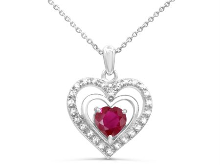 7MM Heart Shape Ruby and White Sapphire Heart 18-inch Pendant in Rhodium Plated Sterling Silver Sale