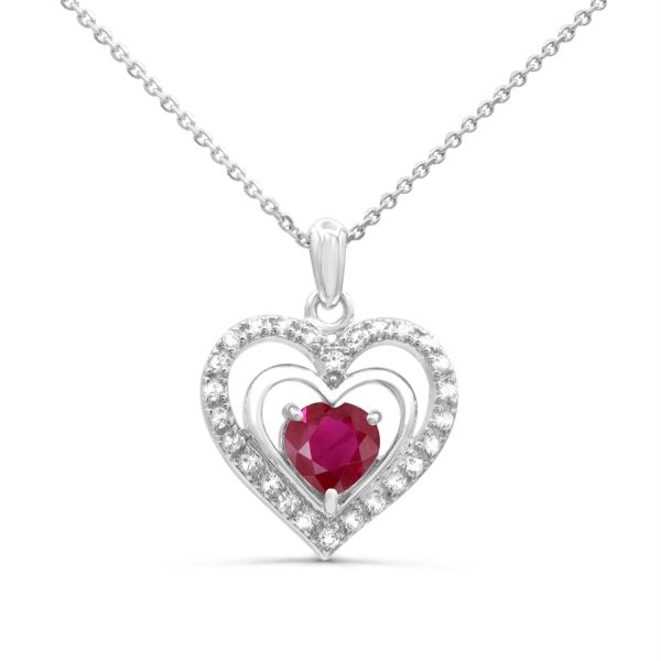 7MM Heart Shape Ruby and White Sapphire Heart 18-inch Pendant in Rhodium Plated Sterling Silver Sale