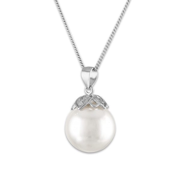 14MM Round Shell Pearl 18-inch Pendant in Rhodium Plated Sterling Silver Discount