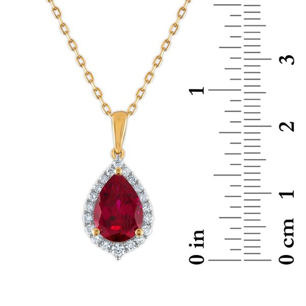 LoveSong EcoLove 10X7MM Pear Ruby and Diamond Halo 18-inch Pendant in 10KT Yellow Gold For Sale