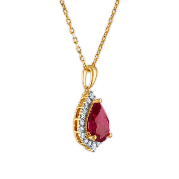 LoveSong EcoLove 10X7MM Pear Ruby and Diamond Halo 18-inch Pendant in 10KT Yellow Gold For Sale