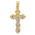 14KT White and Yellow Gold 36X18MM Fleur De Lis Crucifix Cross Pendant-Chain Not Included Online now