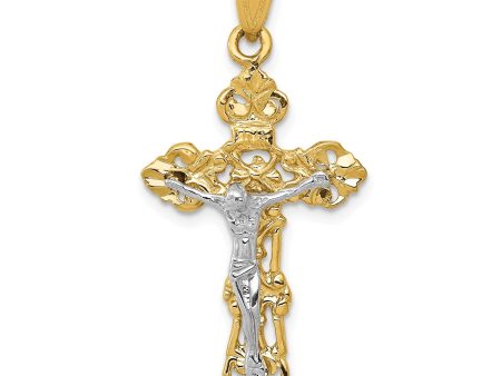 14KT White and Yellow Gold 36X18MM Fleur De Lis Crucifix Cross Pendant-Chain Not Included Online now