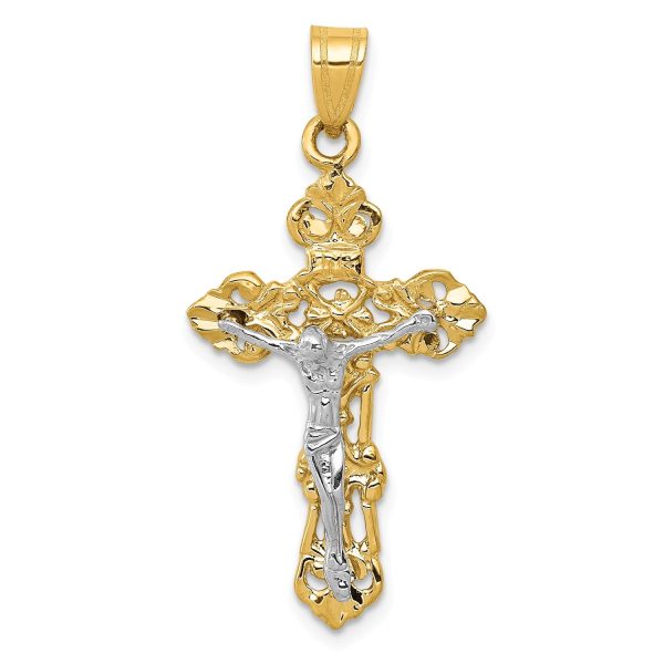 14KT White and Yellow Gold 36X18MM Fleur De Lis Crucifix Cross Pendant-Chain Not Included Online now