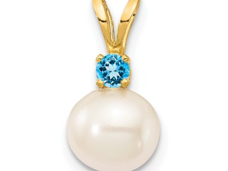 6X7MM Round Pearl and Blue Topaz Pendant-Chain Not Included in 14KT Yellow Gold Online