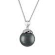 14MM Round Shell Pearl Black 18-inch Pendant in Rhodium Plated Sterling Silver on Sale