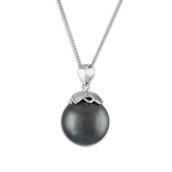 14MM Round Shell Pearl Black 18-inch Pendant in Rhodium Plated Sterling Silver on Sale