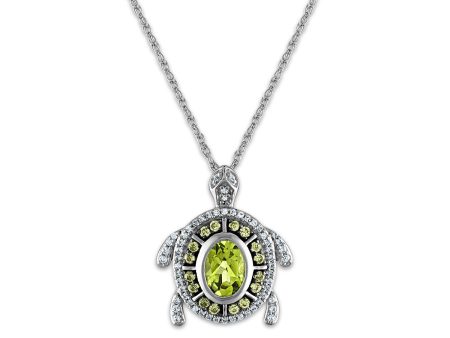 7X5MM Oval Peridot and White Sapphire Fashion Turtle 18-inch Pendant in Rhodium Plated Sterling Silver Hot on Sale