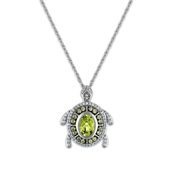 7X5MM Oval Peridot and White Sapphire Fashion Turtle 18-inch Pendant in Rhodium Plated Sterling Silver Hot on Sale