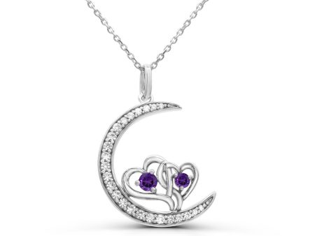 Amethyst and White Sapphire 18-inch Heart Moon Pendant in Sterling Silver Hot on Sale