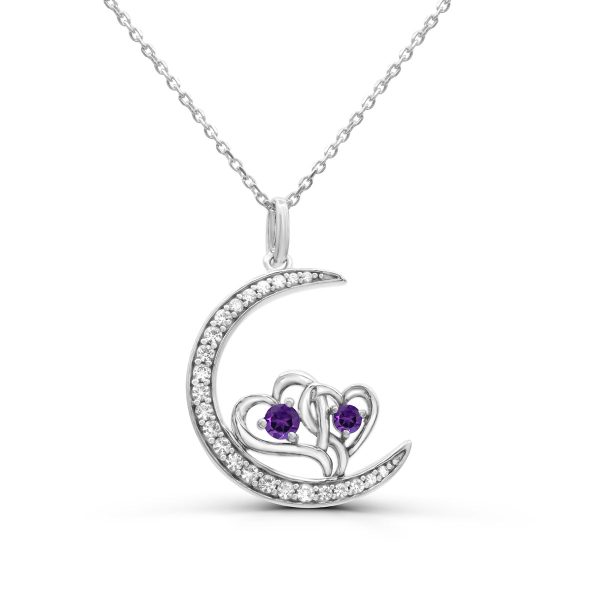 Amethyst and White Sapphire 18-inch Heart Moon Pendant in Sterling Silver Hot on Sale