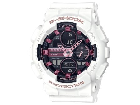 G-Shock Analog-Digital Pink Accent Black Face with White Strap. GMAS140M-7A Fashion