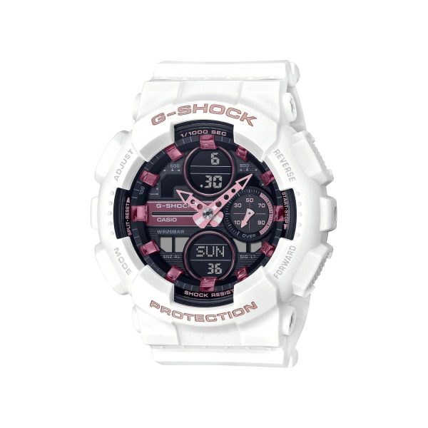 G-Shock Analog-Digital Pink Accent Black Face with White Strap. GMAS140M-7A Fashion