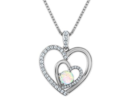 Opal and White Sapphire 18-inch Heart Pendant in Sterling Silver on Sale