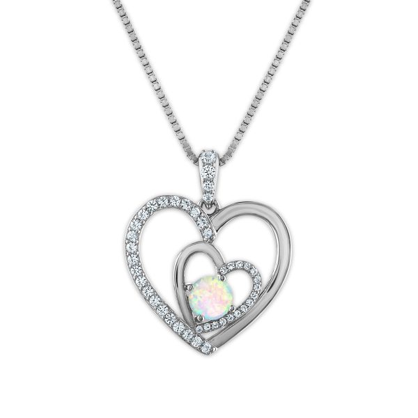 Opal and White Sapphire 18-inch Heart Pendant in Sterling Silver on Sale