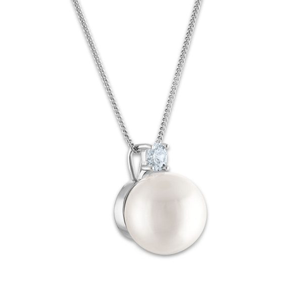 12MM Round Shell Pearl and Cubic Zirconia 18-inch Pendant in Sterling Silver Hot on Sale