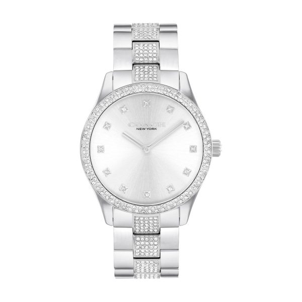 Coach with 38MM Silvertone Round Dial Stainless Steel Watch Band with Crystals. Brooks 14400033 For Discount