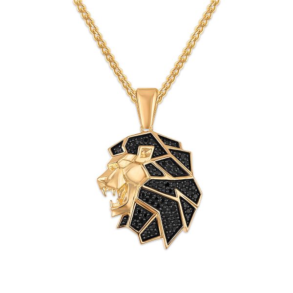 1 2 CTW Black Diamond Lion Head Pendant in Gold Plated Sterling Silver For Sale