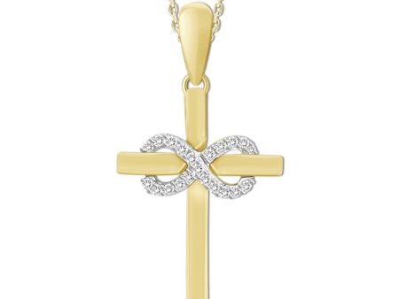 10KT Yellow Gold Diamond Accent 18-inch Infinity Cross Pendant For Sale