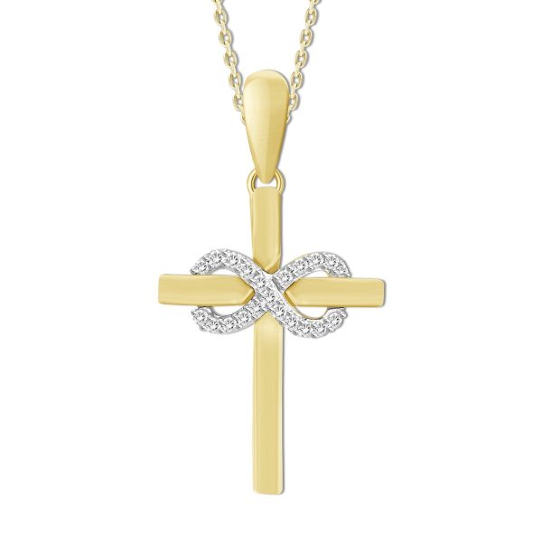 10KT Yellow Gold Diamond Accent 18-inch Infinity Cross Pendant For Sale