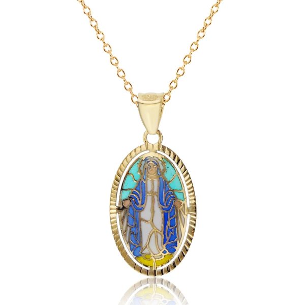 10KT Yellow Gold 26X12MM 18-inch Religious Virgin Mary Pendant For Cheap