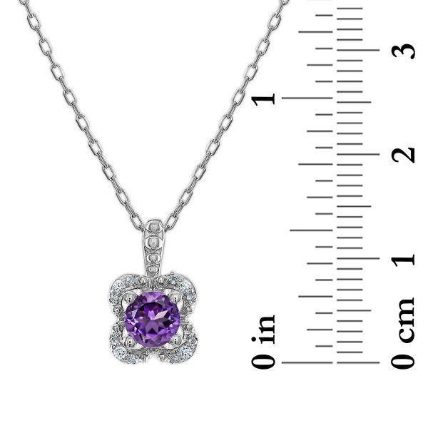 5MM Round Amethyst and White Sapphire Birthstone Flower Halo Pendant in Sterling Silver Fashion