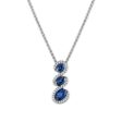 Oval Ceylon Sapphire and White Sapphire Halo Three Stone 18-inch Pendant in Rhodium Plated Sterling Silver For Sale