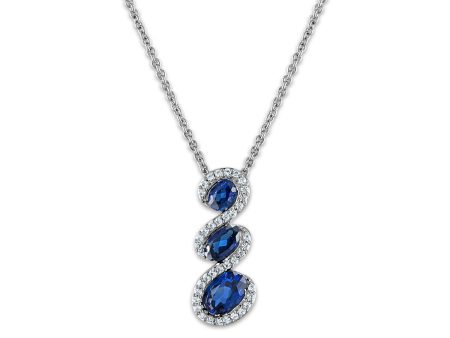 Oval Ceylon Sapphire and White Sapphire Halo Three Stone 18-inch Pendant in Rhodium Plated Sterling Silver For Sale