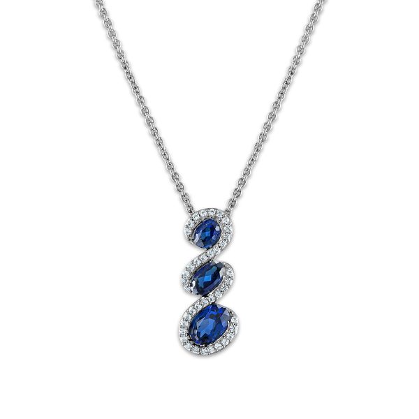 Oval Ceylon Sapphire and White Sapphire Halo Three Stone 18-inch Pendant in Rhodium Plated Sterling Silver For Sale