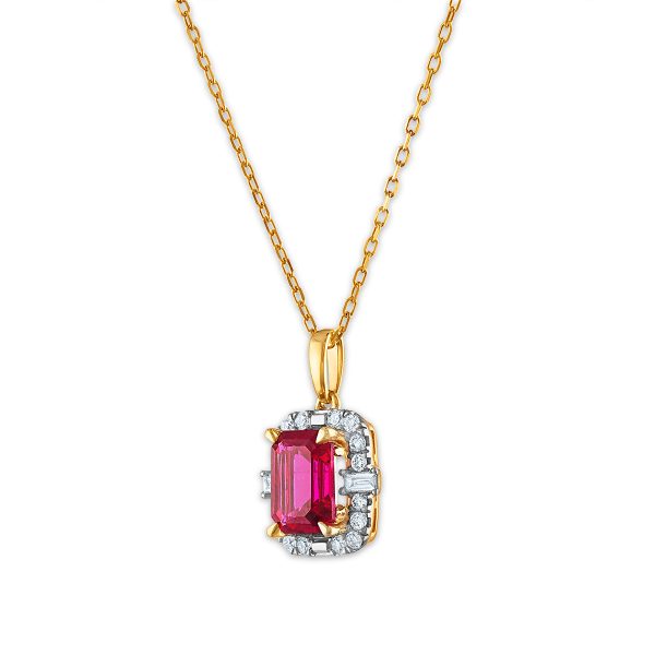 LoveSong EcoLove 8X6MM Emerald Shape Ruby and Diamond Halo 18-inch Pendant in 10KT Yellow Gold Online now