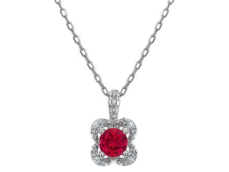 5MM Round Ruby and White Sapphire Birthstone Flower Halo Pendant in Sterling Silver For Cheap