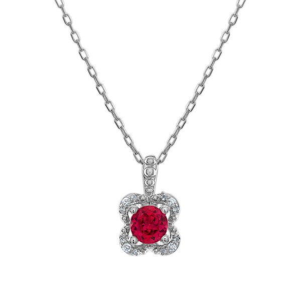 5MM Round Ruby and White Sapphire Birthstone Flower Halo Pendant in Sterling Silver For Cheap