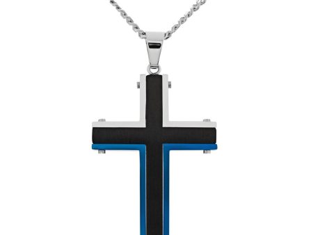 Black and Blue Stainless Steel 24-inch Cross Pendant For Discount