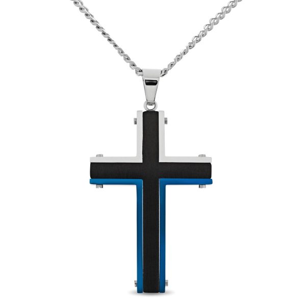 Black and Blue Stainless Steel 24-inch Cross Pendant For Discount