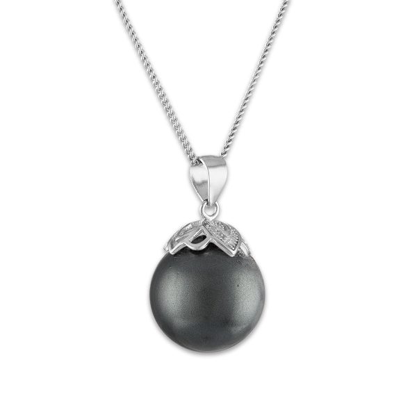 14MM Round Shell Pearl Black 18-inch Pendant in Rhodium Plated Sterling Silver on Sale