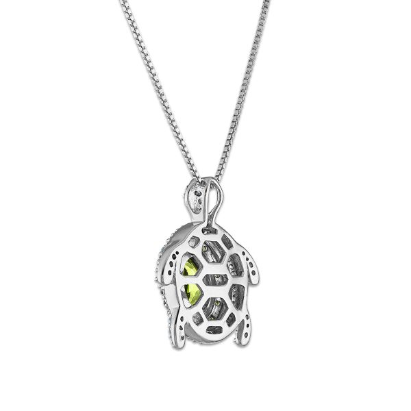 7X5MM Oval Peridot and White Sapphire Fashion Turtle 18-inch Pendant in Rhodium Plated Sterling Silver Hot on Sale