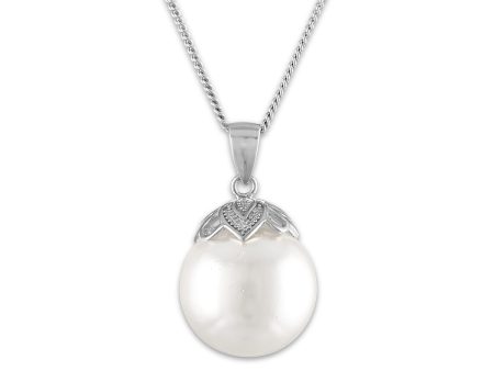 14MM Round Shell Pearl 18-inch Pendant in Rhodium Plated Sterling Silver Discount