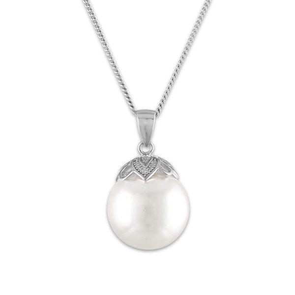 14MM Round Shell Pearl 18-inch Pendant in Rhodium Plated Sterling Silver Discount